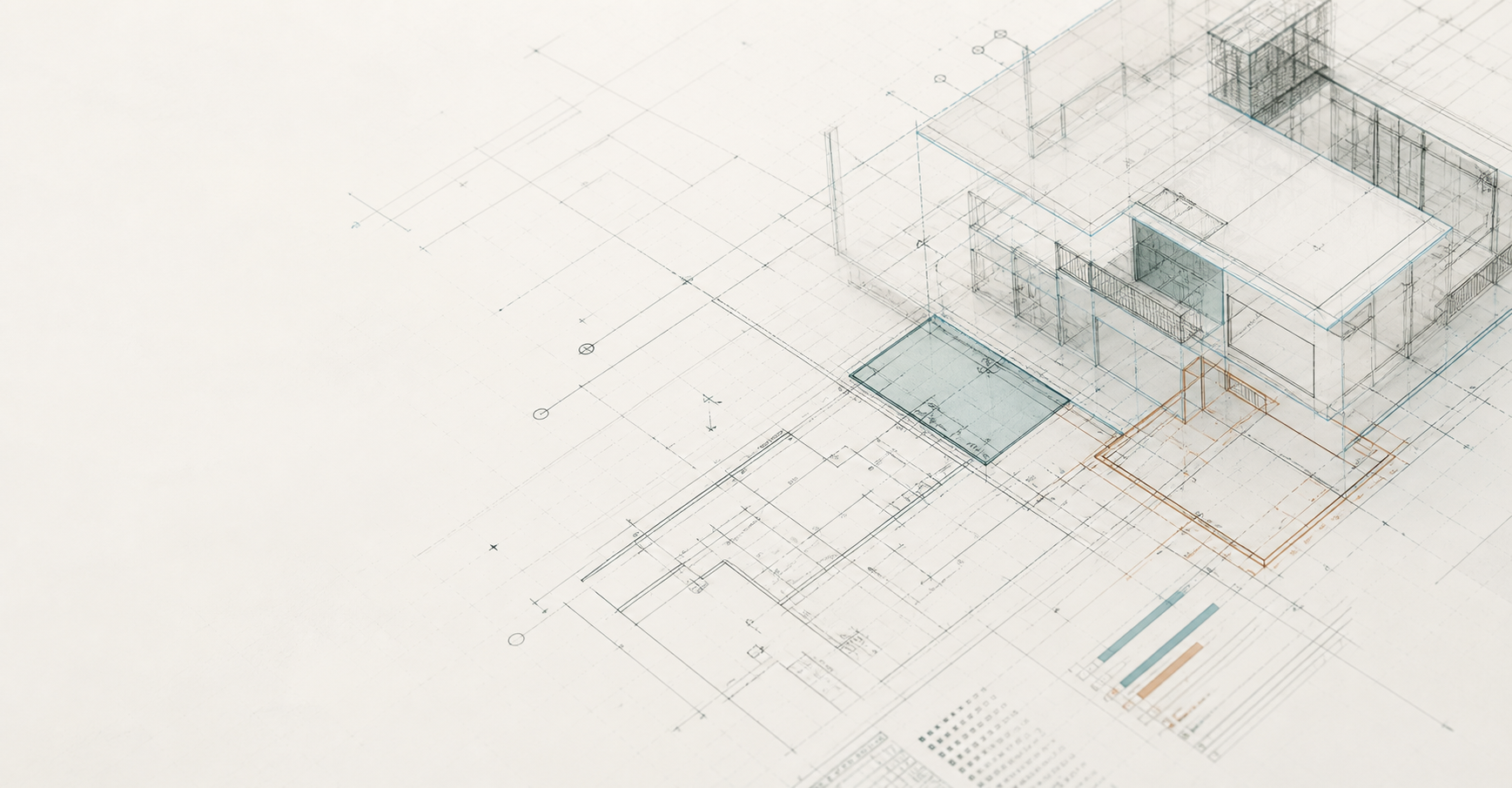 Minimal BIM coordination drawing with architectural lines and takeoff marks